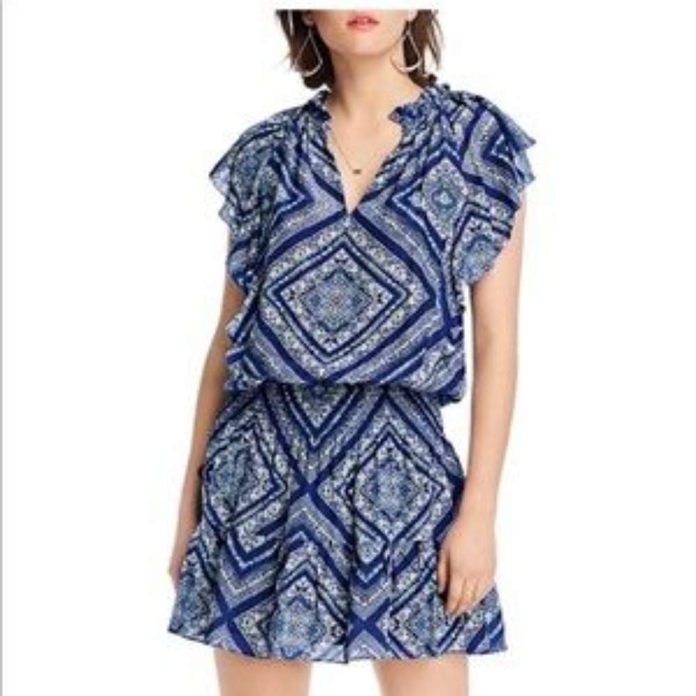 LINI Women XS Blue Geometric Floral Smocked Ruffle Tiered Mini Dress